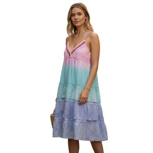 CYNTHIA Cynthia Steffe Womens Rainbow Tie Dye Tiered Dress in Aqua Multi size 10